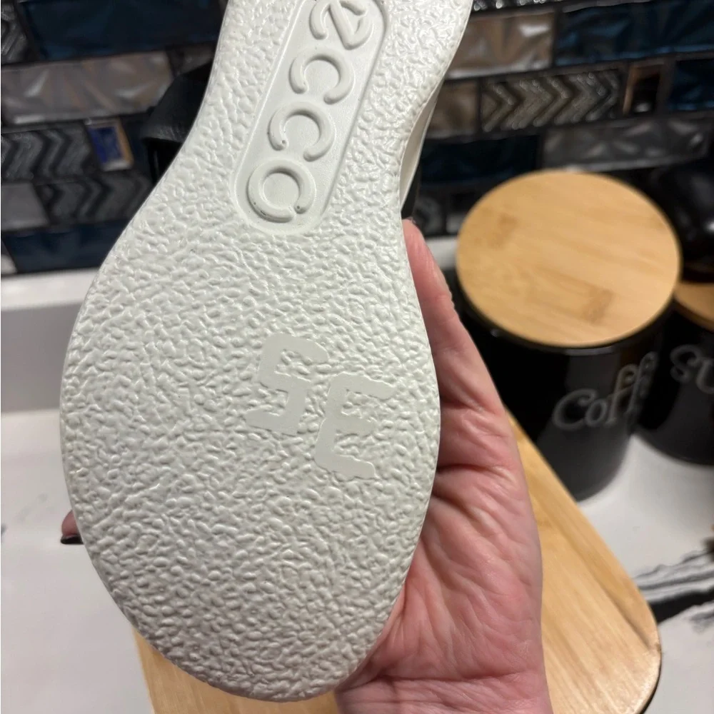 Ecco Black Leather Slides with Tan Footbed